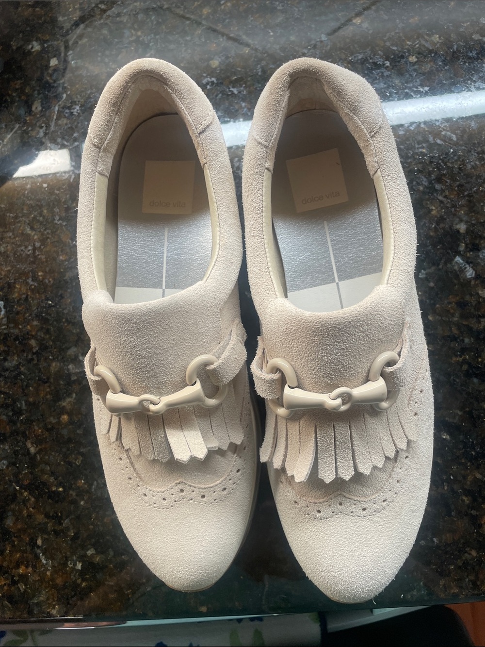 Dolce‎ Vita Beige Suede Fringe Loafers with Decorative Bit